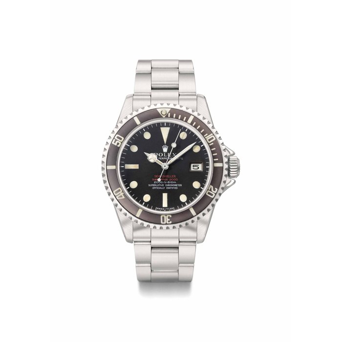Rolex. A fine and very rare stainless steel automatic wristwatch with sweep centre seconds, date, gas escape valve, bracelet, and 'Tropical' bezel SIGNED ROLEX, OYSTER PERPETUAL DATE, DOUBLE RED SEA-DWELLER, SUBMARINER 2000, 2000FT=610M, SUPERLATIVE CHRONOMETER OFFICIALLY CERTIFIED, REF. 1665, CASE NO. 2'665'668, MANUFACTURED IN 1971