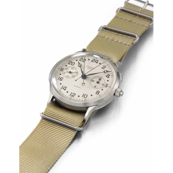 Universal. A unusual and very rare oversized stainless steel split seconds chronograph wristwatch with 24 hour dial SIGNED UNIVERSAL, GENEVE, RETAILED BY A. CAIRELLI, ROME, MOVEMENT NO. 2'619, CASE NOS. 22'560-26, CIRCA 1945