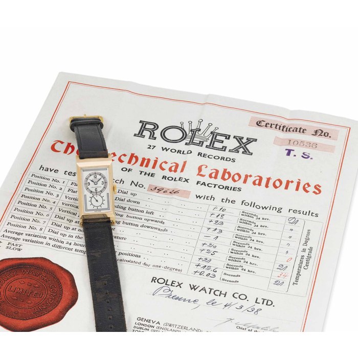Rolex Rolex. A rare and extremely fine 9K gold wristwatch with three-tone silvered dial, original certificate and box SIGNED ROLEX, PRINCE, CHRONOMÈTRE, REF. 1541, CASE NO. 39626, CIRCA 1945, Price & Market Data