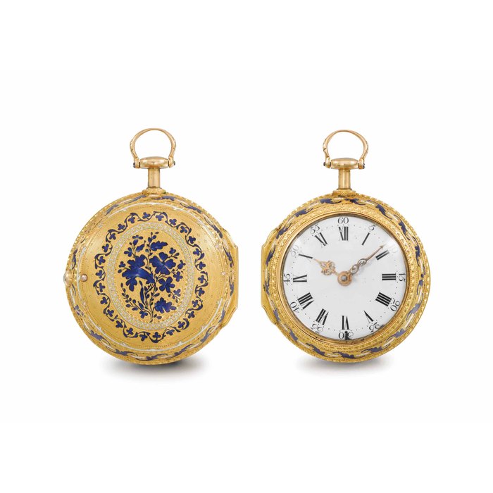 Colley. A fine and unusual 18K gold and enamel pair case quarter repeating cylinder watch SIGNED GRAHAM'S SUCCR. THO. COLLEY, LONDON, NO. 973, INNER CASE STAMPED WITH LONDON DATE LETTER FOR 1741, OUTER CASE CIRCA 1770
