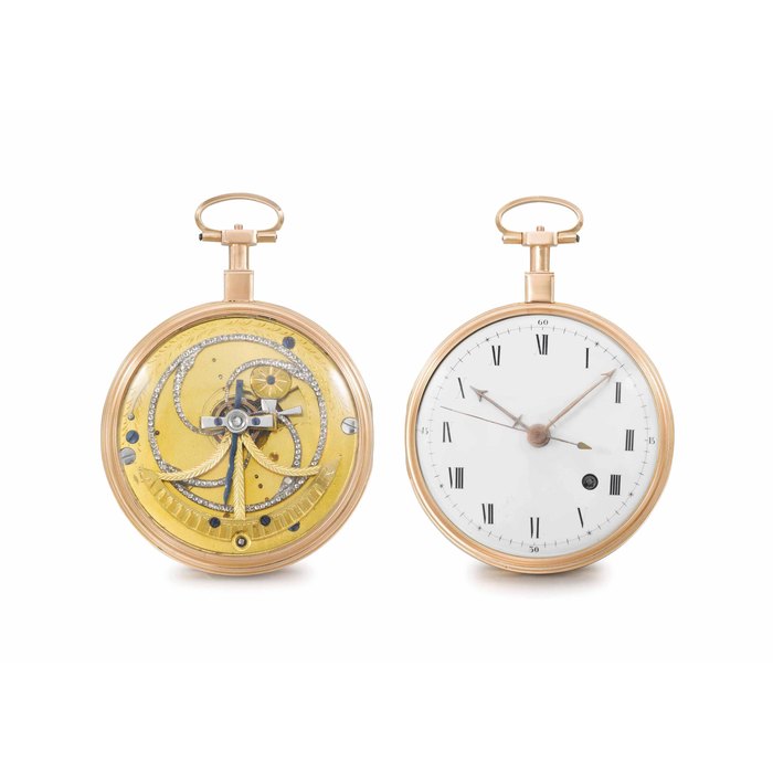 Anon. A fine, rare and attractive 18K gold and diamond-set openface stoppable dead centre seconds keywound watch with Pouzait-type slow beat lever escapement UNSIGNED, CIRCA 1800