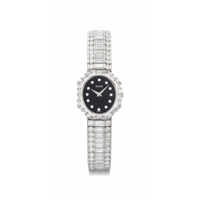 Piaget. A lady's superb 18K white gold and diamond-set wristwatch with onyx dial and bracelet SIGNED PIAGET, REF. 93413, MOVEMENT NO. 786'631, CASE NO. 298'522, MANUFACTURED IN 1977