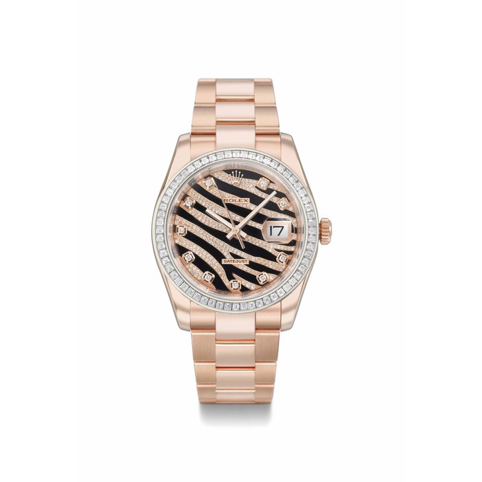 Rolex. A fine, rare and attractive 18K pink gold, diamond-set and black lacquer automatic wristwatch with sweep centre seconds and date SIGNED ROLEX, DATEJUST, REF. 116285, CASE NO. G752299, CIRCA 2008