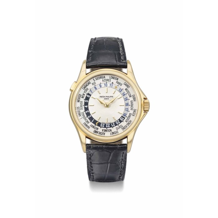 Patek Philippe. A fine 18K gold automatic world time wristwatch with original certificate SIGNED PATEK PHILIPPE, GENÈVE, REF. 5110, MOVEMENT NO. 3'208'711, CASE NO. 4'156'042, MANUFACTURED IN 2002