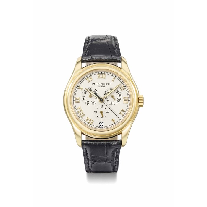Patek Philippe. A fine 18K gold automatic annual calendar wristwatch with sweep centre seconds, original certificate and box SIGNED PATEK PHILIPPE, GENÈVE, REF. 5035, MOVEMENT NO. 3'135'356, CASE NO. 4'178'373, MANUFACTURED IN 2003