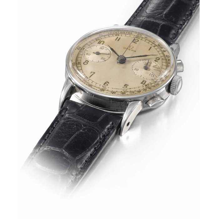 Omega. A very rare oversized stainless steel chronograph wristwatch with extended lugs SIGNED OMEGA, REF. 2404-1, MOVEMENT NO. 10'388'839, CIRCA 1947