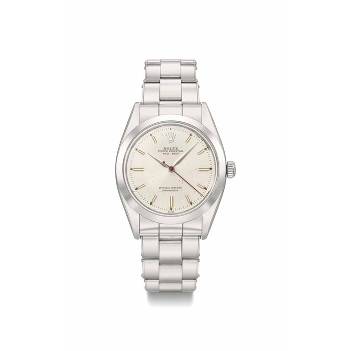 Rolex. A fine and rare stainless steel automatic wristwatch with dead beat jump seconds and bracelet SIGNED ROLEX, OYSTER PERPETUAL, TRU-BEAT, REF. 6556, CASE NO. 138'670, MANUFACTURED 1955