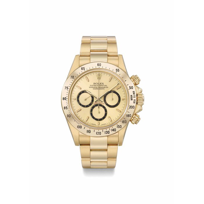 Rolex Rolex. An early and highly attractive 18K gold automatic chronograph wristwatch with four lines dial and bracelet SIGNED ROLEX, OYSTER PERPETUAL, COSMOGRAPH, DAYTONA, REF. 16528, CASE NO. L703198, CIRCA 1989 · 16528