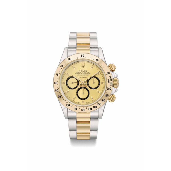 Rolex. A stainless steel and gold automatic chronograph wristwatch with bracelet SIGNED ROLEX, OYSTER PERPETUAL, COSMOGRAPH, DAYTONA, REF. 16523, CASE NO. R985616, CIRCA 1988