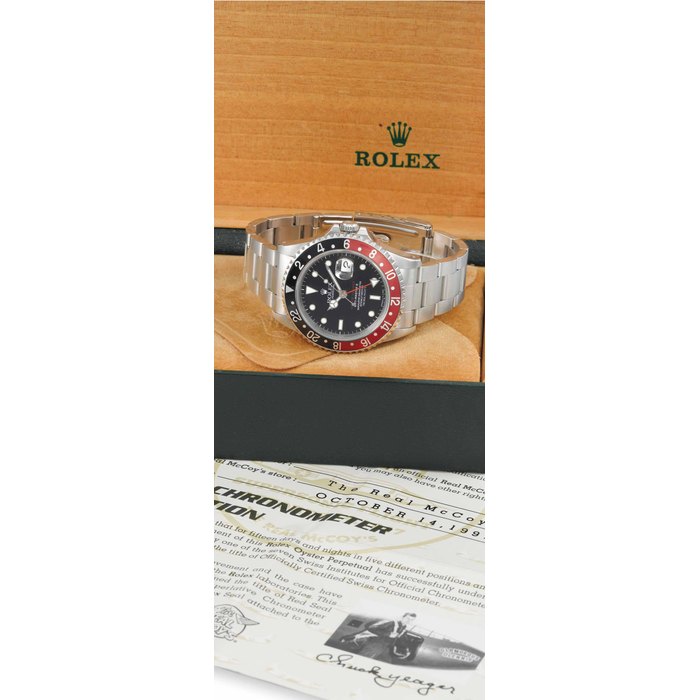 Rolex and The Real McCoy's. A very rare stainless steel automatic dual time wristwatch with sweep centre seconds, bracelet, original The Real McCoy's guarantee and box SIGNED ROLEX, OYSTER PERPETUAL DATE, CHUCK YEAGER, GMT-MASTER II, THE REAL MCCOY'S, REF. 16710, CASE NO. U280780, CIRCA 1998