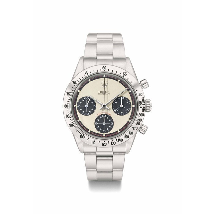 Rolex Rolex. A very rare stainless steel chronograph wristwatch with bracelet and Guarantee SIGNED ROLEX, COSMOGRAPH, DAYTONA, PAUL NEWMAN DIAL, REF. 6239, CASE NO. 2'045'535, MANUFACTURED IN 1969 · 6239