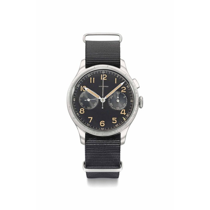 Longines Longines. An attractive and rare stainless steel flyback single button chronograph wristwatch SIGNED LONGINES, MOVEMENT NO. 5'457'408, CASE NO. 5'457'408, CIRCA 1937, Price & Market Data
