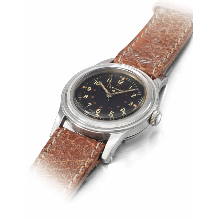 Longines Longines. An extremely rare stainless steel anti-magnetic military wristwatch with sweep centre seconds, 24 hour indication and black dial SIGNED LONGINES, "BIG INDIAN" MODEL, REF. 6111-2, CASE NO. 31, MOVEMENT NO. 8'315'730, MILITARY ISSUE NO. 231, MANUFACTURED IN 1950, Price & Market Data