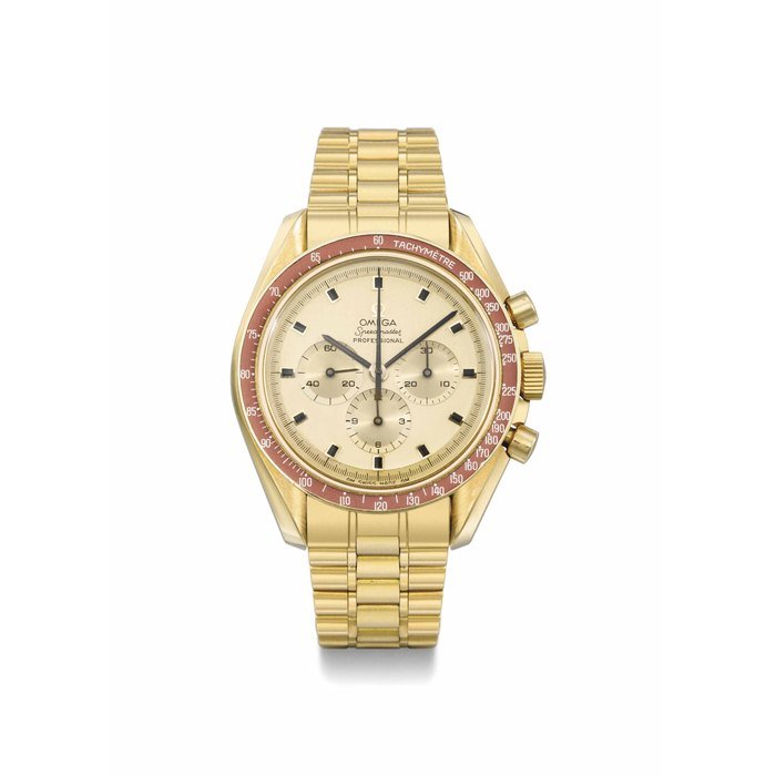Omega Omega. A fine and rare 18K gold limited edition chronograph wristwatch with bracelet SIGNED OMEGA, SPEEDMASTER PROFESSIONAL, APOLLO XI 1969, NO. 999, REF. 145'022, MOVEMENT NO. 29'117'159, MANUFACTURED IN 1970