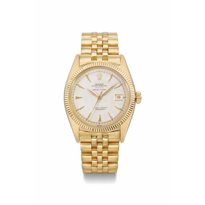 Rolex. A very rare and attractive 18K gold automatic wristwatch with sweep centre seconds, red date and bracelet SIGNED ROLEX, OYSTER PERPETUAL, DATEJUST, RETAILED BY SERPICO Y LAINO, REF. 6305, CASE NO. 987'392, CIRCA 1954