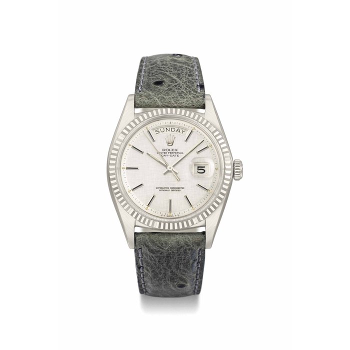 Rolex. A fine and attractive 18K white gold automatic calendar wristwatch with sweep centre seconds SIGNED ROLEX, OYSTER PERPETUAL, DAY-DATE, REF. 1803, CASE NO. 1'733'058, CIRCA 1968