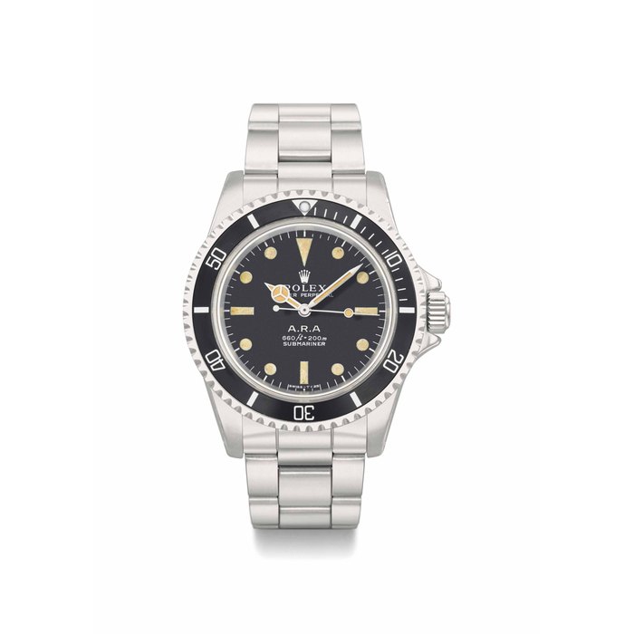 Rolex. An extremely rare stainless steel automatic wristwatch with sweep centre seconds, gas escape valve, bracelet and box, made for COMEX and sold to the Argentine Navy SIGNED ROLEX, OYSTER PERPETUAL, A.R.A, 660FT=200M, SUBMARINER, COMEX ISSUE NO. 451, A.R.A. MILITARY ISSUE NO. 68509-CI, REF. 5514, CASE NO. 4'155'900, CIRCA 1977
