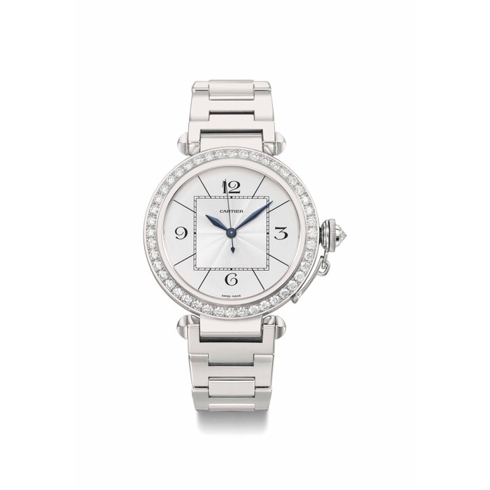 Cartier. A large and fine 18K white gold and diamond-set automatic wristwatch with sweep centre seconds and bracelet SIGNED CARTIER, PASHA MODEL, REF. 2765, CASE NO. 98354CE, CIRCA 2005