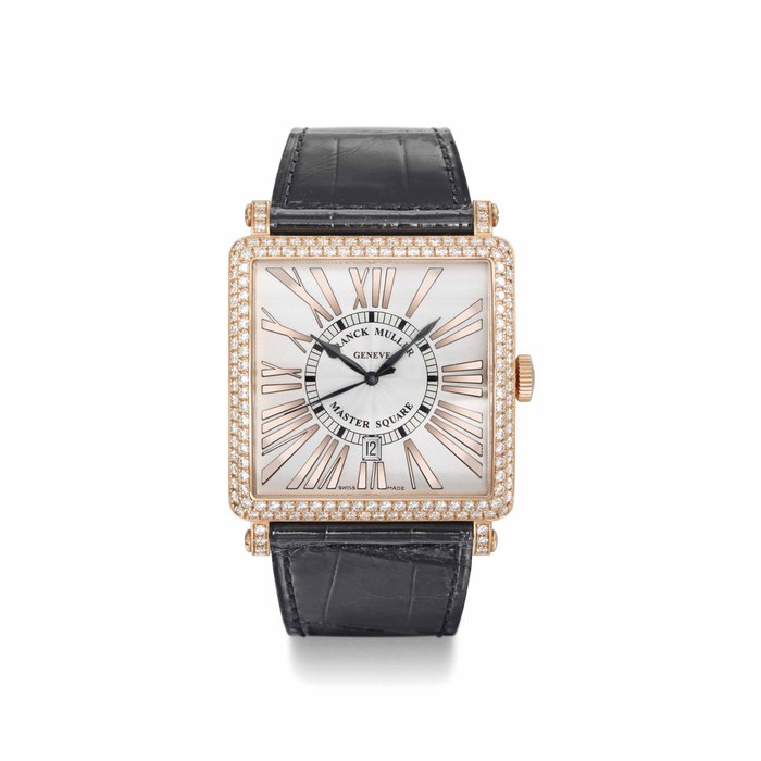 Franck Muller. An oversized 18K pink gold and diamond-set square automatic wristwatch with sweep centre seconds and date SIGNED FRANCK MULLER, GENEVE, MASTER SQUARE, MASTER OF COMPLICATIONS, RELIEF MODEL, REF. 600 K SC DT D, NO. 95, CIRCA 2008