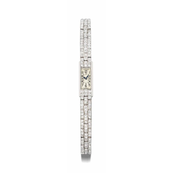 Cartier. A lady's very fine, rare and elegant platinum and diamond-set Art Deco wristwatch with bracelet SIGNED CARTIER, FRANCE, MOVEMENT SIGNED EUROPEAN WATCH AND CLOCK CO. INC., CASE NO. 19'161, CIRCA 1925