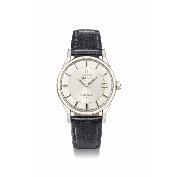 Omega Omega. An 18K white gold automatic wristwatch with sweep centre seconds, date and silvered "pie-pan" dial SIGNED OMEGA, AUTOMATIC, CHRONOMETER, CONSTELLATION CALENDAR DE LUXE, REF. OG 14.902, MOVEMENT NO. 19'079'482, MANUFACTURED IN 1963, Price & Market Data