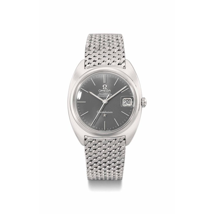 Omega. A very fine, elegant and rare 18K white gold automatic wristwatch with sweep centre seconds, date, grey dial and bracelet SIGNED OMEGA, AUTOMATIC, CHRONOMETER, CONSTELLATION, REF. BC168'009, CASE NOS. 168'009 AND 168'017, MOVEMENT NO. 24'274'443, MANUFACTURED IN 1967