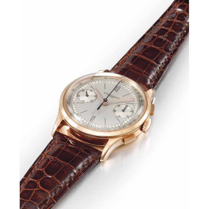 Vacheron Constantin. A rare and attractive 18K pink gold chronograph wristwatch with two-tone silvered dial SIGNED VACHERON & CONSTANTIN, GENÈVE, REF. 4072, MOVEMENT NO. 466'593, CASE NO. 318'339, MANUFACTURED IN 1950