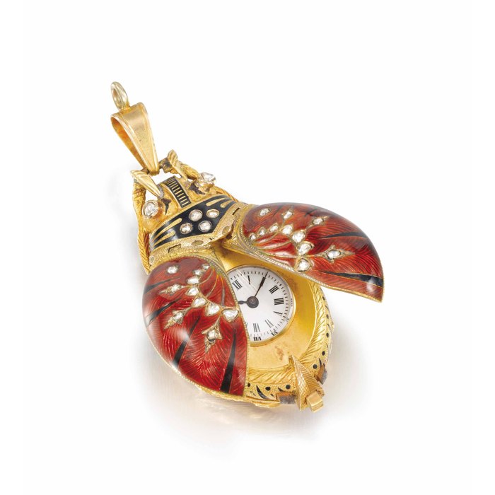 Swiss. A fine and attractive 18K gold, enamel and diamond-set keywound cylinder scarab-form pendant watch UNSIGNED, CIRCA 1880