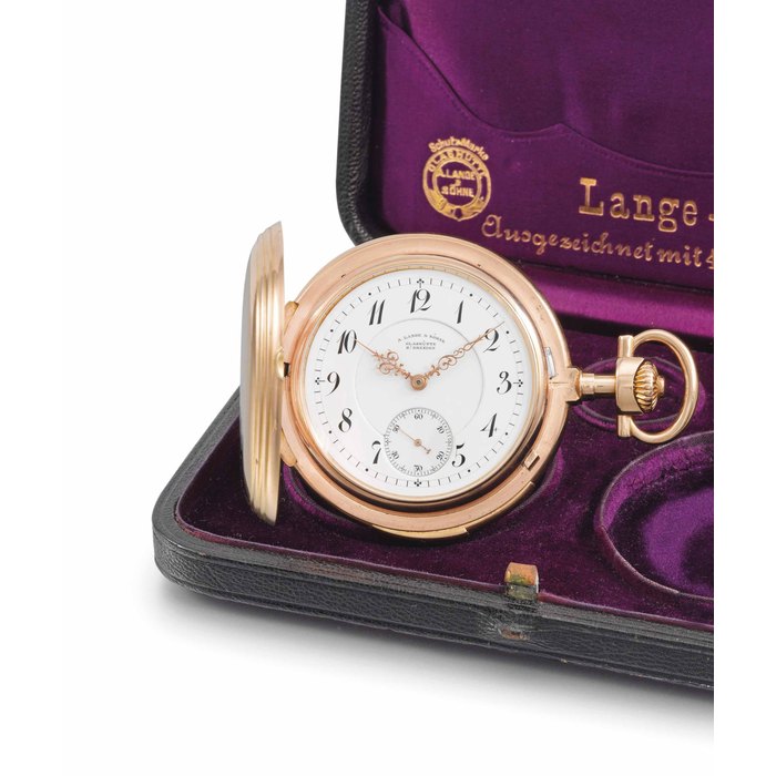  A. Lange & Söhne. A very fine and rare 18K pink gold hunter case minute repeating keyless lever watch with box SIGNED A. LANGE & SÖHNE, GLASHÜTTE B/DRESDEN, NO. 34'293, MANUFACTURED IN 1896, Price & Market Data