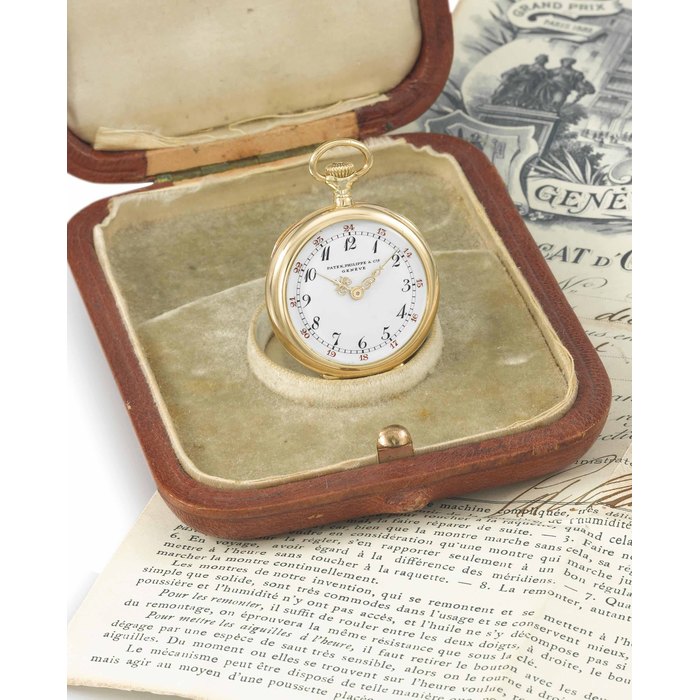 Patek Philippe. A fine and small 18K gold openface keyless lever pendant watch with red Arabic 24 hour indication, original certificate and box SIGNED PATEK PHILIPPE & CO, GENÈVE, MOVEMENT NO. 166'293, CASE NO. 272'755, MANUFACTURED IN 1911