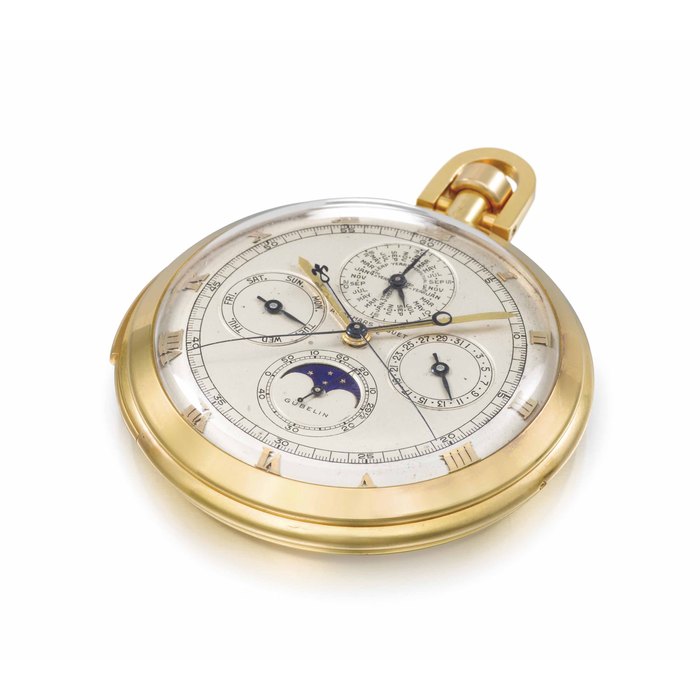 Audemars Piguet. An extremely fine, slim and unique 18K gold openface minute repeating perpetual calendar split seconds chronograph keyless lever watch with moon phases and box SIGNED AUDEMARS PIGUET, GENÈVE, RETAILED BY GÜBELIN, NO. 56'512, MANUFACTURED IN 1951