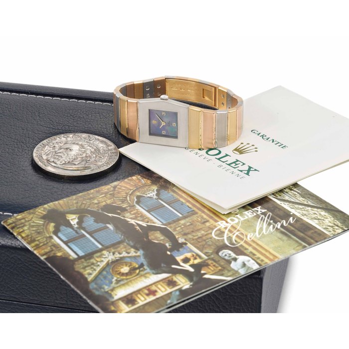 Rolex. A very rare, fine and unusual 18K yellow, pink and white gold bracelet watch with mother-of-pearl dial, made for the Sultanate of Oman. SIGNED ROLEX, GENÈVE, CELLINI, QUEEN MIDAS MODEL, REF. 5074, CASE NO. 6'944'275, CIRCA 1981