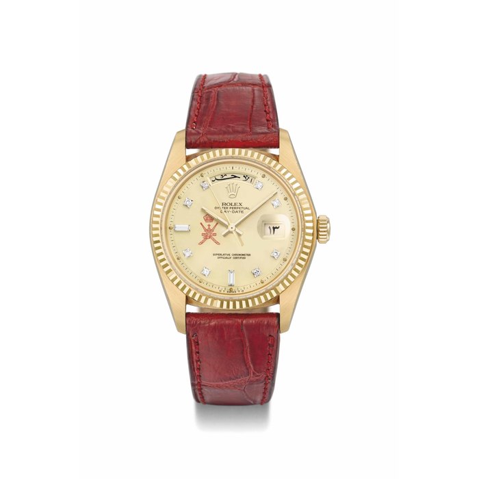 Rolex Rolex. A fine and rare 18K gold and diamond-set automatic wristwatch with sweep centre seconds, day and date, made for the Sultanate of Oman SIGNED ROLEX, OYSTER PERPETUAL, DAY-DATE, REF. 1803, CASE NO. 5'176'611, CIRCA 1977, Price & Market Data