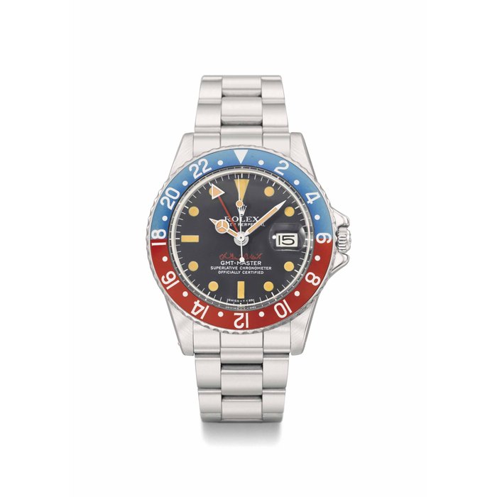 Rolex. A very fine and extremely rare stainless steel dual time automatic wristwatch with sweep centre seconds, date and bracelet, made for His Highness Sheikh Mohammed bin Rashid Al Maktoum SIGNED ROLEX, OYSTER PERPETUAL, GMT-MASTER, REF. 1675, CASE NO. 5'885'937, CIRCA 1978