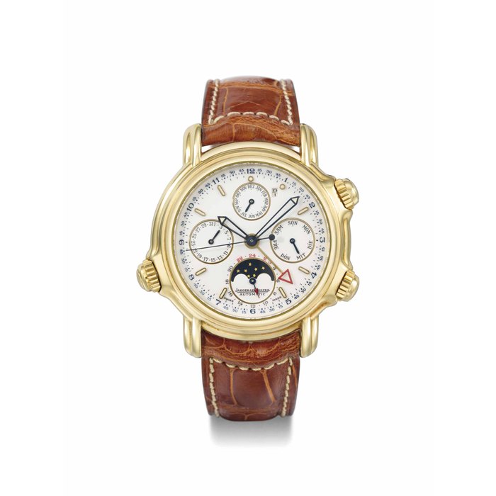 Jaeger-LeCoultre. A fine 18K gold automatic perpetual calendar wristwatch with sweep centre seconds, moon phases and alarm SIGNED JAEGER-LECOULTRE, REF. 180.1.99, CALENDRIER PERPÉTUEL GRAND RÉVEIL, MOVEMENT NO. 2261065, CASE NO. 0291, MANUFACTURED IN 1990