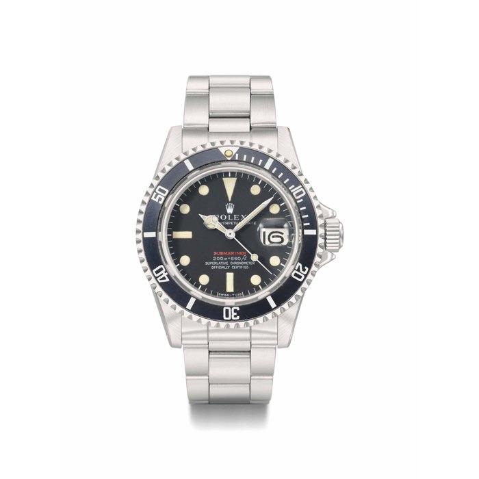 Rolex. A stainless steel automatic wristwatch with date and bracelet SIGNED ROLEX, OYSTER PERPETUAL DATE, RED SUBMARINER MODEL, 200M=660 FT, REF. 1680, CASE NO. 2'500'374, MANUFACTURED IN 1970