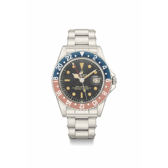Rolex. A rare and attractive stainless steel automatic dual time wristwatch with sweep centre seconds, date, black gloss underline dial, pointed crown guards and bracelet SIGNED ROLEX, OYSTER PERPETUAL, GMT-MASTER, SUPERLATIVE CHRONOMETER OFFICIALLY CERTIFIED, REF. 1675, CASE NO. 1'006'059, CIRCA 1964