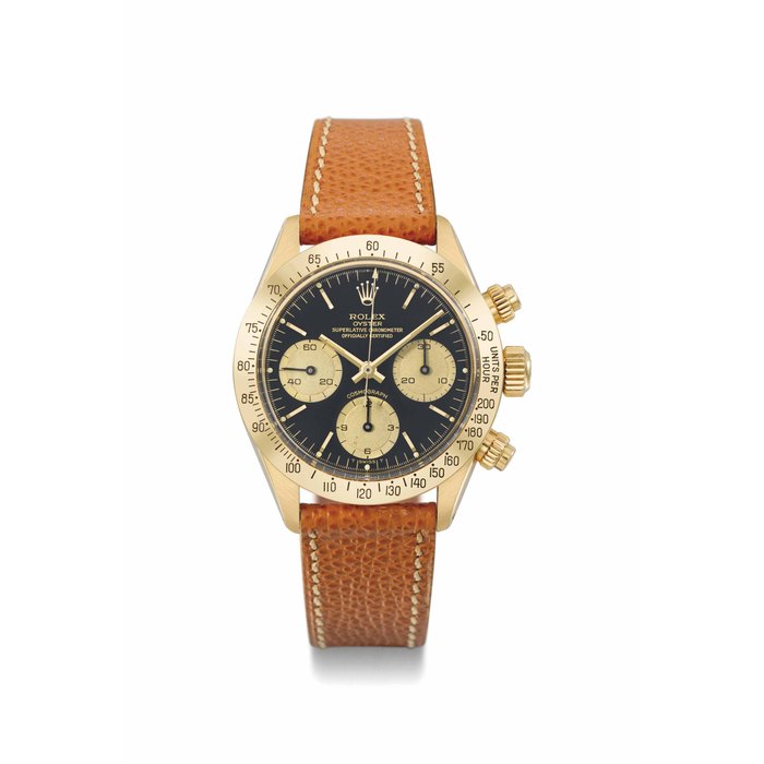 Rolex Rolex. A fine and rare 18K gold chronograph wristwatch with black dial SIGNED ROLEX, OYSTER, COSMOGRAPH, REF. 6265, CASE NO. 7'426'268, CIRCA 1982, Price & Market Data