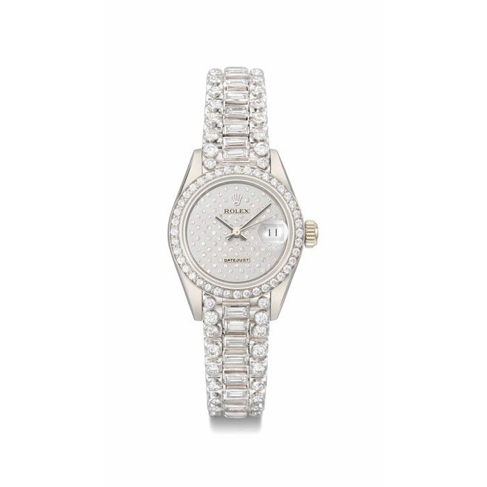 Rolex Rolex. A fine and rare lady's 18K white gold and diamond-set automatic wristwatch with date and diamond-set bracelet SIGNED ROLEX, DATEJUST, REF. 69139, CASE NO. 9'090'264, CIRCA 1985., Price & Market Data