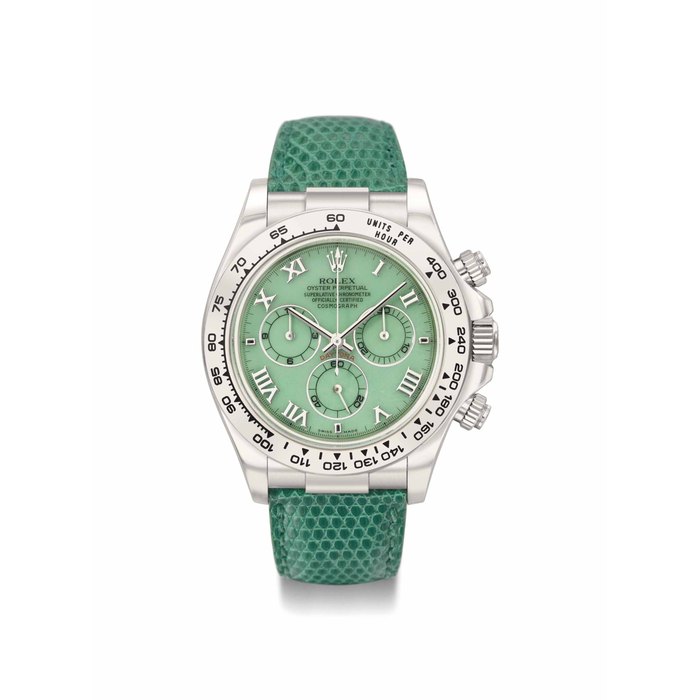 Rolex. An unusual and attractive 18K white gold and chrysophrase automatic chronograph wristwatch SIGNED ROLEX, OYSTER PERPETUAL, SUPERLATIVE CHRONOMETER OFFICIALLY CERTIFIED, COSMOGRAPH, DAYTONA, REF. 116519, CASE NO. P155'802, CIRCA 2001