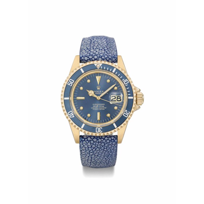 Rolex. An attractive 18K gold automatic wristwatch with sweep centre seconds, date, blue dial and bezel SIGNED ROLEX, OYSTER PERPETUAL DATE, SUBMARINER, 660FT=200M, REF. 1680, CASE NO. 4'219'254, CIRCA 1977