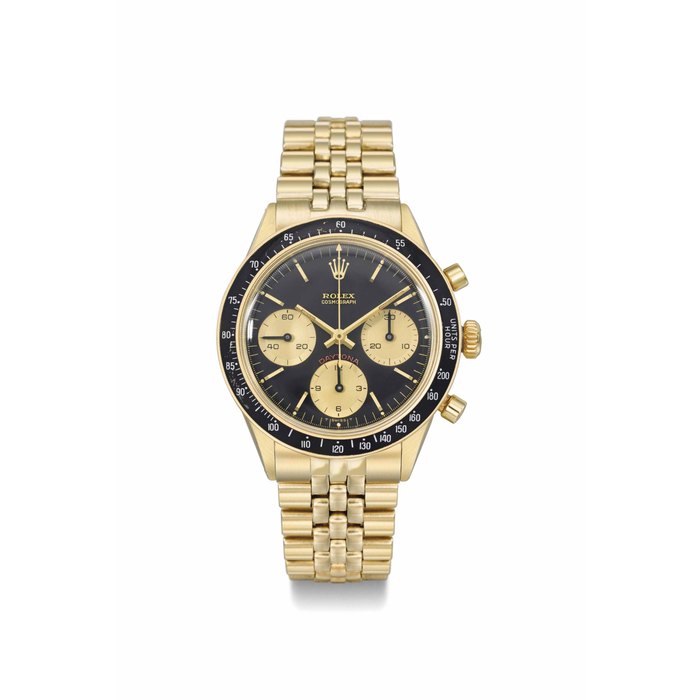 Rolex. A fine and rare 14K gold chronograph wristwatch SIGNED ROLEX, COSMOGRAPH, DAYTONA, REF. 6241, CASE NO. 2'084'297, CIRCA 1969
