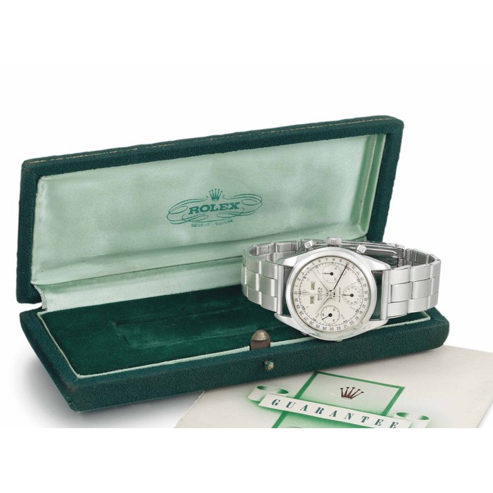 Rolex. A very rare and attractive stainless steel triple calendar chronograph wristwatch with bracelet, guarantee and box SIGNED ROLEX, OYSTER, ANTIMAGNETIC, REF. 6036, CASE NO. 917'876, CIRCA 1953