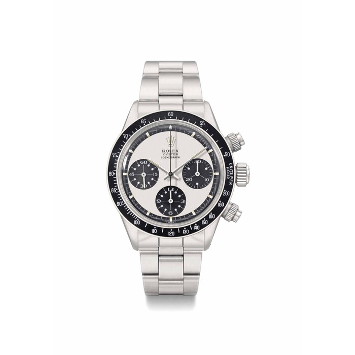 Rolex. A very rare and extremely attractive stainless steel chronograph wristwatch with so-called Panda dial and bracelet SIGNED ROLEX, OYSTER COSMOGRAPH, PAUL NEWMAN MODEL, REF. 6263, CASE NO. 2'805'180, CIRCA 1971