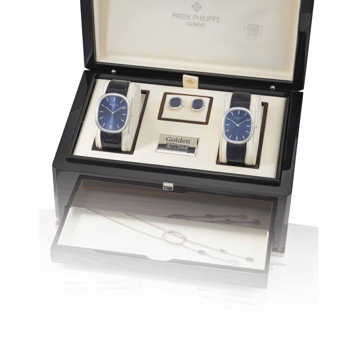 Patek Philippe. A limited edition set of two fine platinum wristwatches, matching 18K white gold cufflinks and 18K white gold diamond and sapphire-set necklace SIGNED PATEK PHILIPPE, GENEVE, GOLDEN ELLIPSE MODEL, REF. 5738 AND 3738, MOVEMENT NO. 3'122'078 AND 3'120'207 , CASE NO. 4710'814 AND 470'7085, CIRCA 2010