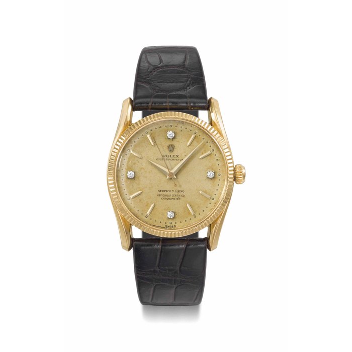 Rolex. A rare and very elegant 18K gold diamond-set automatic wristwatch with sweep centre seconds SIGNED ROLEX, OYSTER PERPETUAL, RETAILED BY SERPICO Y LAINO, REF. 6593, CASE NO. 136'945, CIRCA 1955