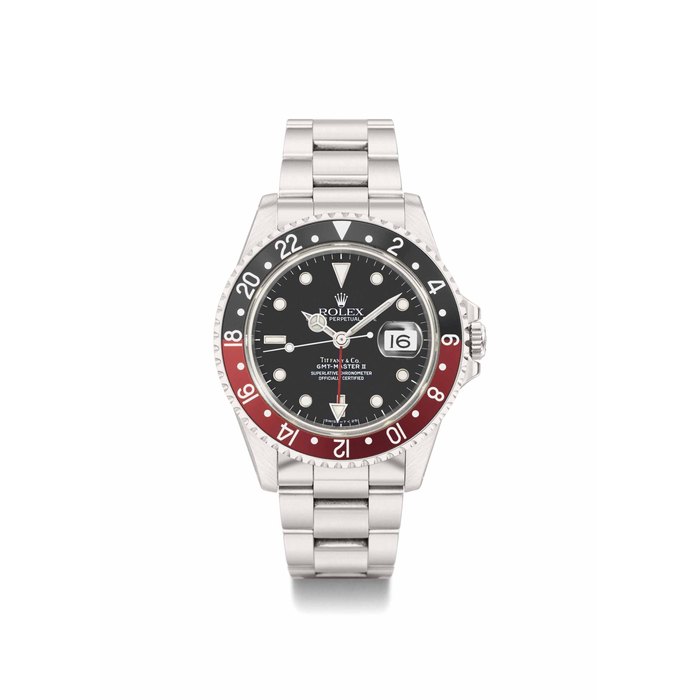 Rolex. A rare stainless steel automatic dual time wristwatch with sweep centre seconds, date and bracelet SIGNED ROLEX, OYSTER PERPETUAL, GMT-MASTER II, RETAILED BY TIFFANY & CO., REF. 16710, CASE NO. L598529, CIRCA 1989