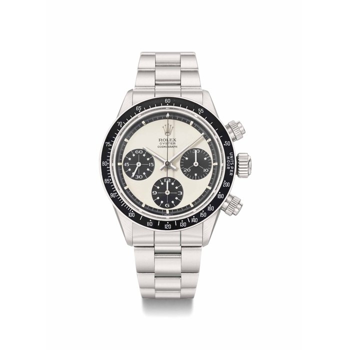 Rolex. An extremely rare and attractive stainless steel chronograph wristwatch with so-called Panda dial, bracelet, brochures and box SIGNED ROLEX, OYSTER COSMOGRAPH, PAUL NEWMAN MODEL, REF. 6263, CASE NO. 2'874'310, CIRCA 1971