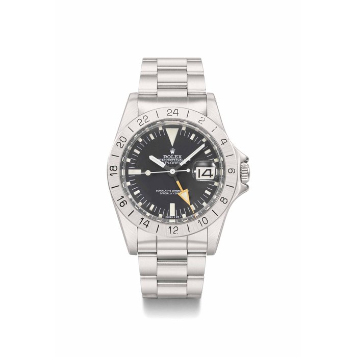 Rolex. A stainless steel automatic wristwatch with sweep centre seconds, 24 hours, date and bracelet SIGNED ROLEX, OYSTER PERPETUAL DATE, EXPLORER II, STEVE MCQUEEN MODEL, REF. 1655, CASE NO. 7'223'148, CIRCA 1981
