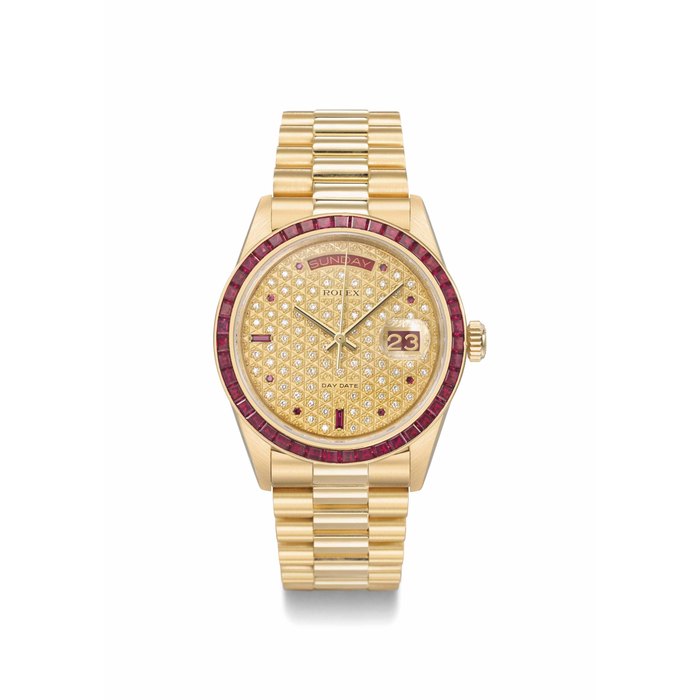 Rolex. An extremely rare and attractive 18K gold, diamond and ruby-set automatic calendar wristwatch with sweep centre seconds, bracelet and service guarantee SIGNED ROLEX, DAY-DATE, REF. 18068, CASE NO. 9'726'873, CIRCA 1986
